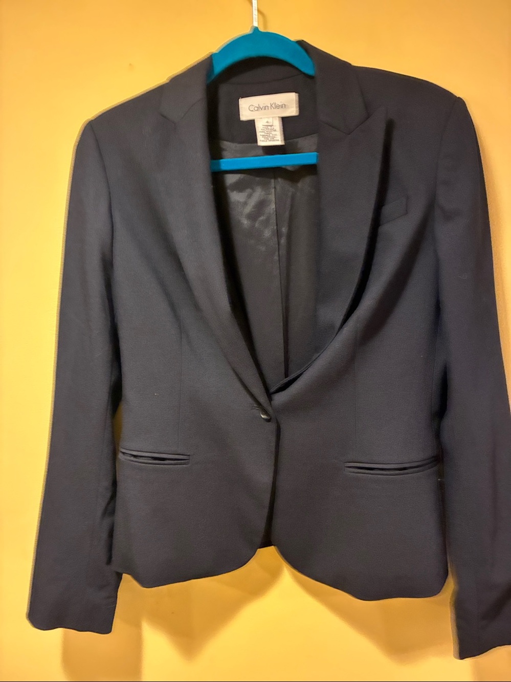 Virgin Wool Calvin Klein Black Women's Single-Button Tailored Blazer Sz 4